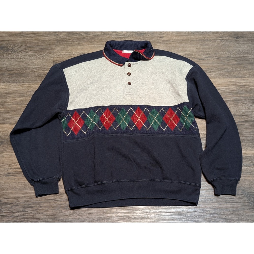 Vintage St‎ Michael Marks & Spencer Navy Argyle Quarter Button Sweatshirt Mens M